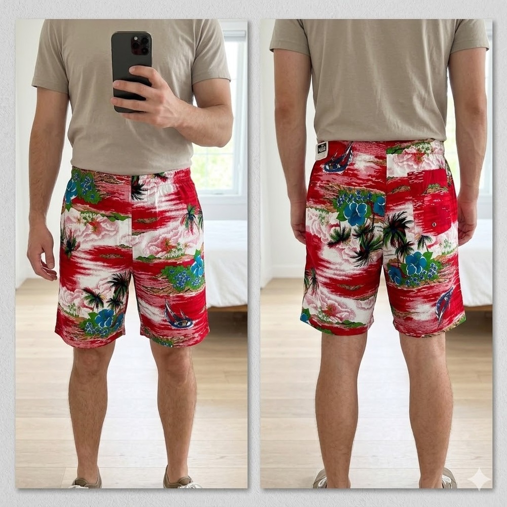 NWT‎ Woolrich Mens L Shorts Red Tropical Island Sailboat Print 100% Cotton
